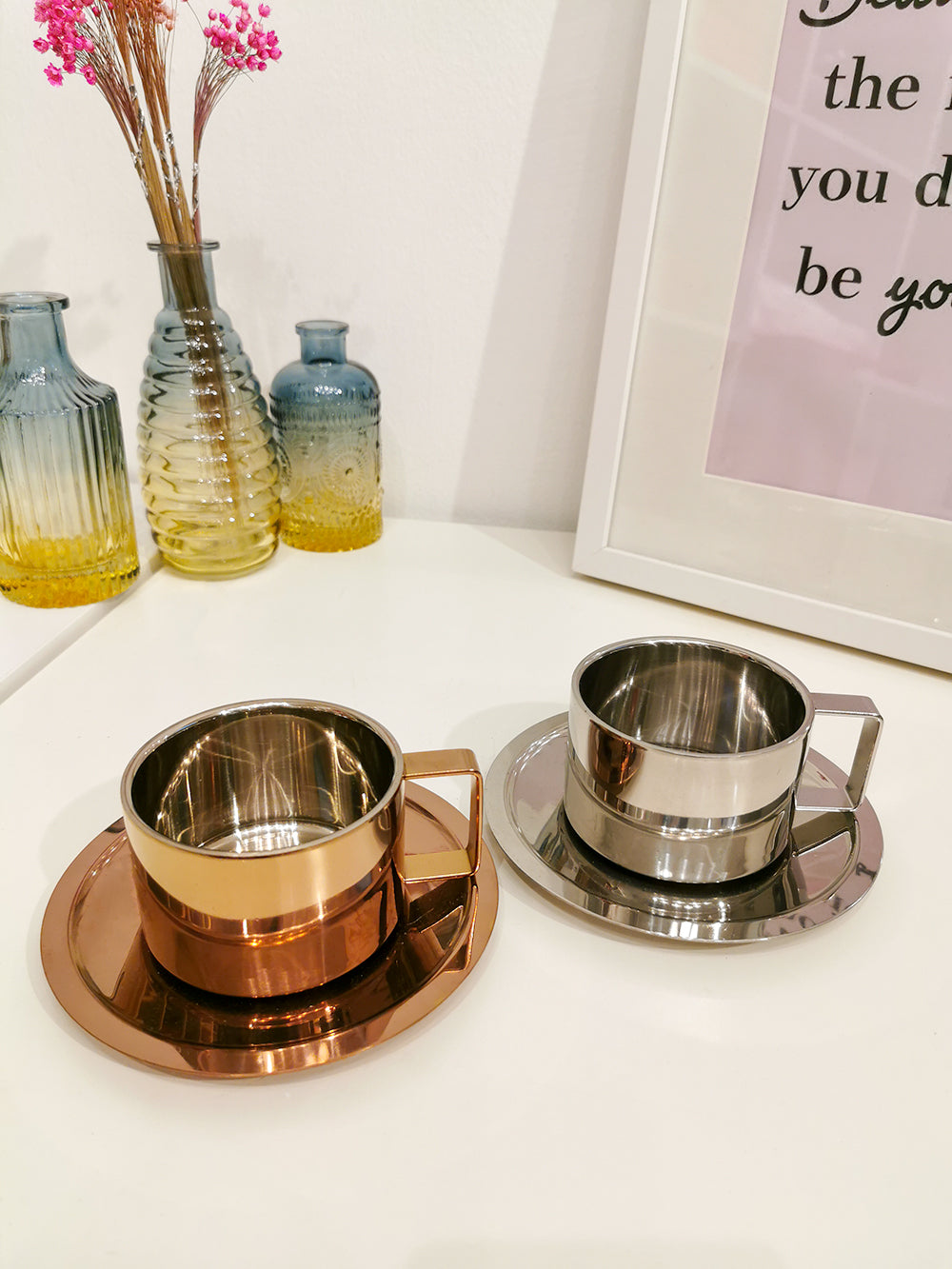 Brie Stainless Steel Mug with Saucer - Rose Gold - Gifts by Art Tree