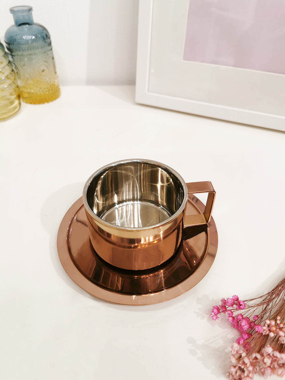 Brie Stainless Steel Mug with Saucer - Rose Gold - Gifts by Art Tree