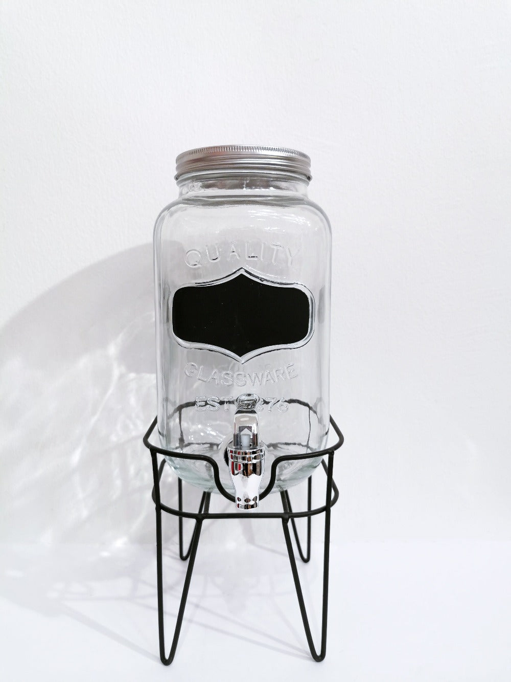 3.5L GENEVA Water Dispenser - Chalkboard with Silver Lid, Stainless Steel Tap and Black Metal Stand - Gifts by Art Tree