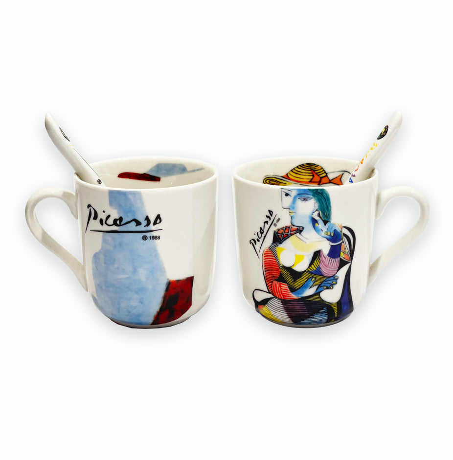 PICASSO Lady wearing a hat marker mug w/ teaspoon Set of 2 - Gifts by Art Tree