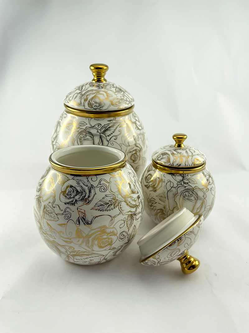 Floral Ceramic Jar w/ Gold Rim (L) - Gifts by Art Tree