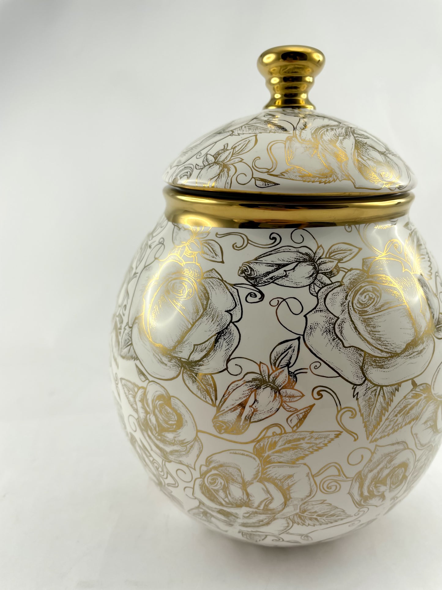 Floral Ceramic Jar w/ Gold Rim (L) - Gifts by Art Tree